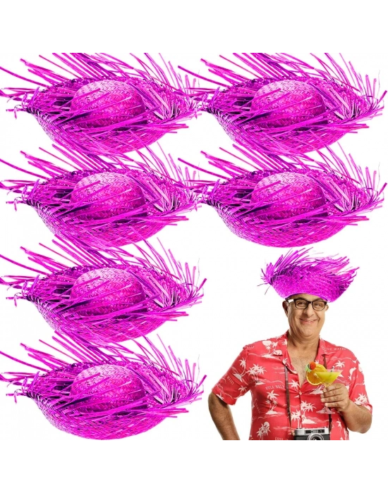 Tropikal Parti Pembe Fuşya Hasır Hawaii Şapkası 13x36 Cm