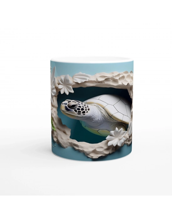 Tropikal Yapraklar ve Beyaz Çiçekler Arasında Deniz Kaplumbağası Kupa Bardak