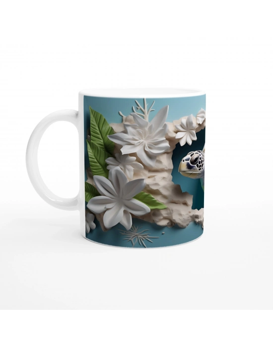 Tropikal Yapraklar ve Beyaz Çiçekler Arasında Deniz Kaplumbağası Kupa Bardak