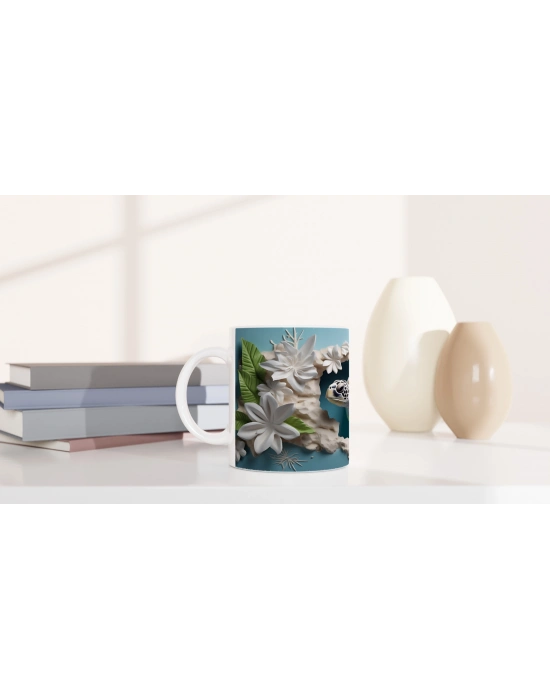 Tropikal Yapraklar ve Beyaz Çiçekler Arasında Deniz Kaplumbağası Kupa Bardak