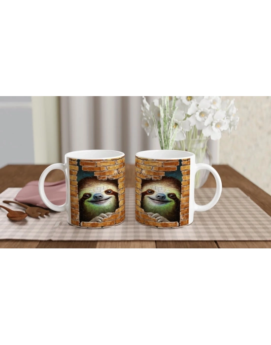 Tuğla Arasından Bakan Tembel Hayvan Temalı Baskılı Kupa Bardak