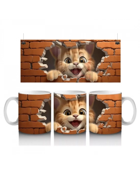 Tuğla Duvar Arasından Bakan Neşeli Kedi – Baskılı Kahve Kupası