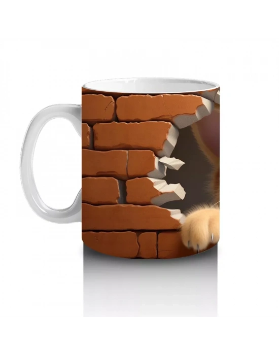 Tuğla Duvar Arasından Bakan Neşeli Kedi – Baskılı Kahve Kupası