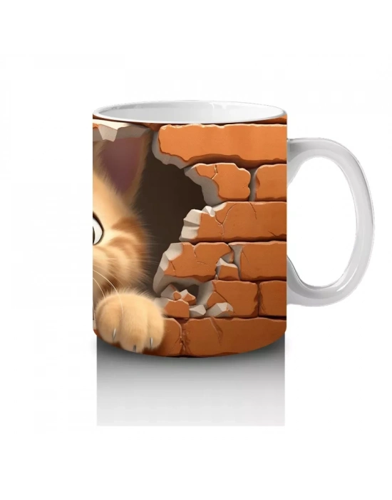 Tuğla Duvar Arasından Bakan Neşeli Kedi – Baskılı Kahve Kupası