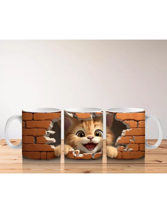 Tuğla Duvar Arasından Bakan Neşeli Kedi – Baskılı Kahve Kupası