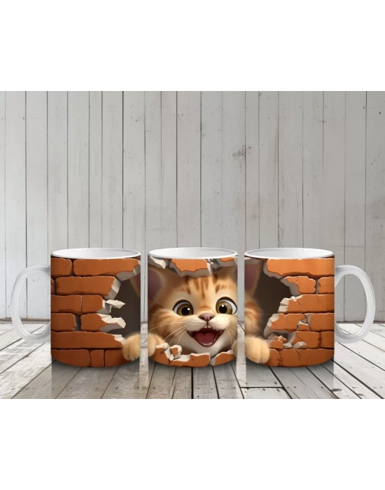 Tuğla Duvar Arasından Bakan Neşeli Kedi – Baskılı Kahve Kupası