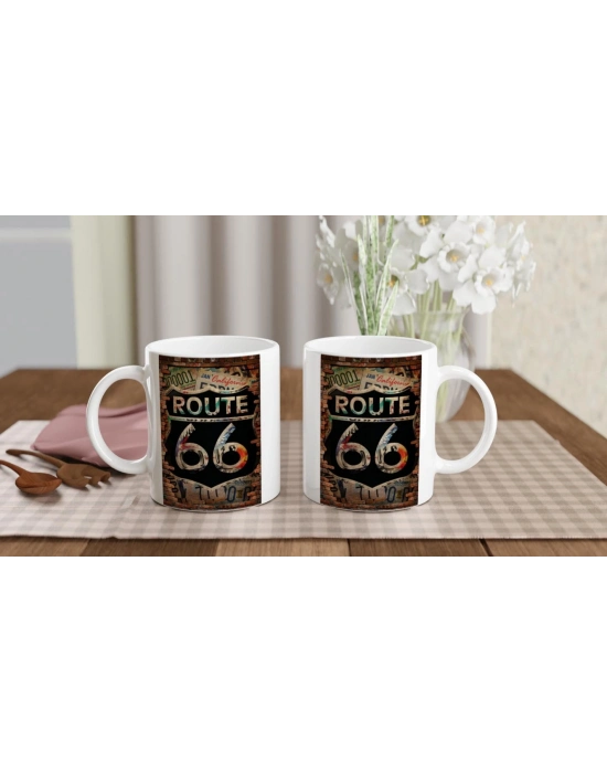 Tuğla Duvar Üzerinde Route 66 Baskılı Kupa Bardak