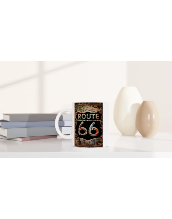 Tuğla Duvar Üzerinde Route 66 Baskılı Kupa Bardak