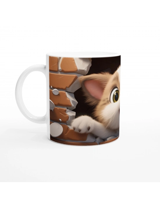 Tuğla Duvarı Yaran Oyuncu Kedi Temalı Baskılı Kupa Bardak