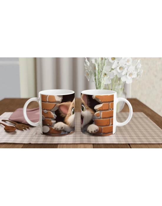 Tuğla Duvarı Yaran Oyuncu Kedi Temalı Baskılı Kupa Bardak