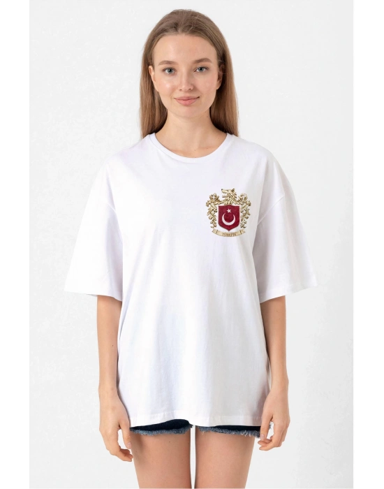 Türk Arma Baskılı Oversize Bisiklet Yaka Günlük T-shirt - Beyaz
