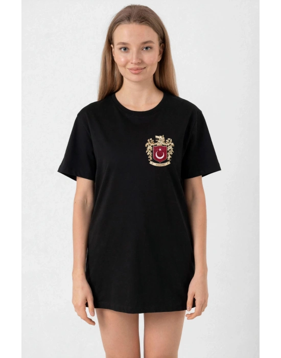 Türk Arma Baskılı Oversize Bisiklet Yaka Günlük T-shirt - Siyah