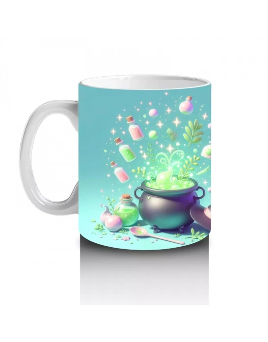 Turkuaz Arka Plan Üzerinde Neon Balkabağı ve Şekerlemelerle Cadılar Bayramı Baskılı Kupa