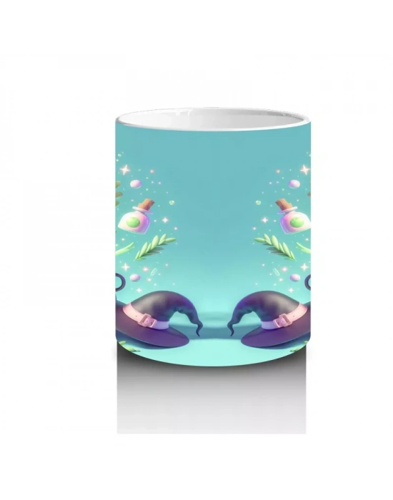 Turkuaz Arka Plan Üzerinde Neon Balkabağı ve Şekerlemelerle Cadılar Bayramı Baskılı Kupa