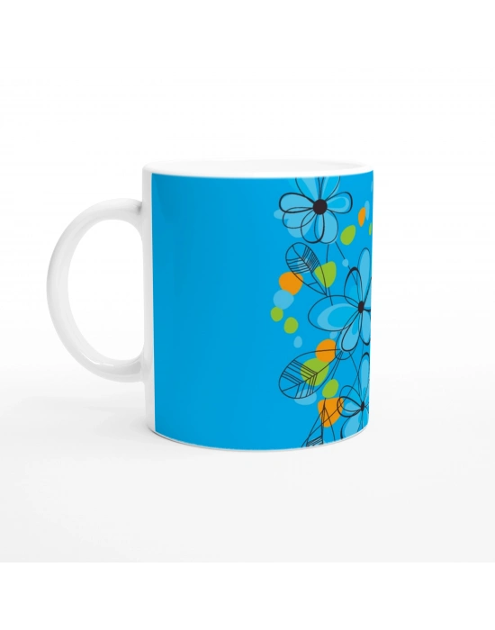 Turkuaz Çizgi Çiçekli Kupa Bardak