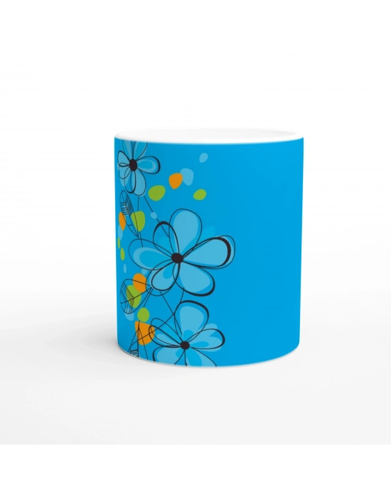 Turkuaz Çizgi Çiçekli Kupa Bardak