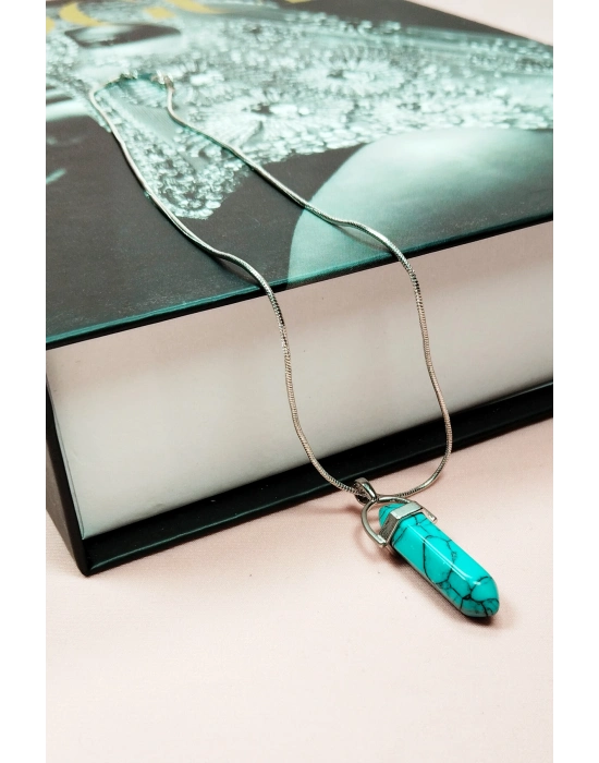 Turkuaz Doğal Taşı Zincirli El Yapımı Kolye Uç: 3 cm Zincir: 20 cm Kutulu