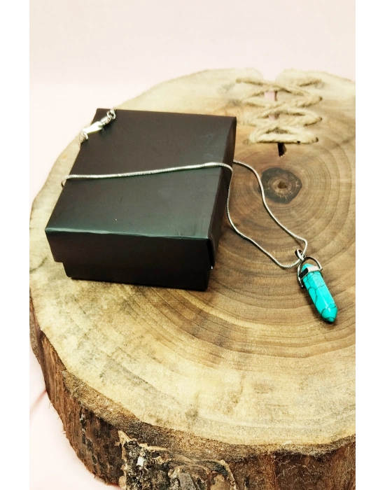 Turkuaz Doğal Taşı Zincirli El Yapımı Kolye Uç: 3 cm Zincir: 20 cm Kutulu