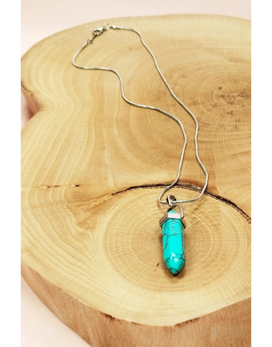 Turkuaz Doğal Taşı Zincirli El Yapımı Kolye Uç: 3 cm Zincir: 20 cm Kutulu