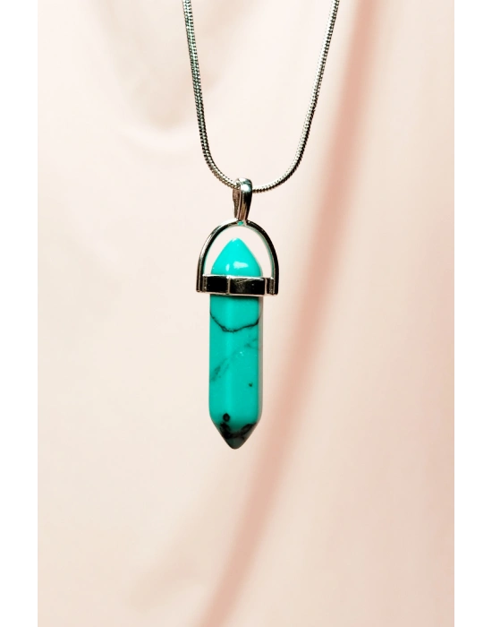 Turkuaz Doğal Taşı Zincirli El Yapımı Tasarımlı Kolye Uç: 3,5 cm Zincir: 20 cm Kutulu