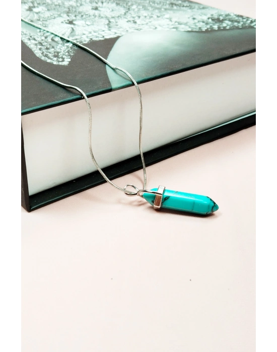 Turkuaz Doğal Taşı Zincirli El Yapımı Tasarımlı Kolye Uç: 3,5 cm Zincir: 20 cm Kutulu