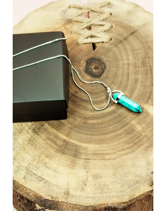 Turkuaz Doğal Taşı Zincirli El Yapımı Tasarımlı Kolye Uç: 3,5 cm Zincir: 20 cm Kutulu