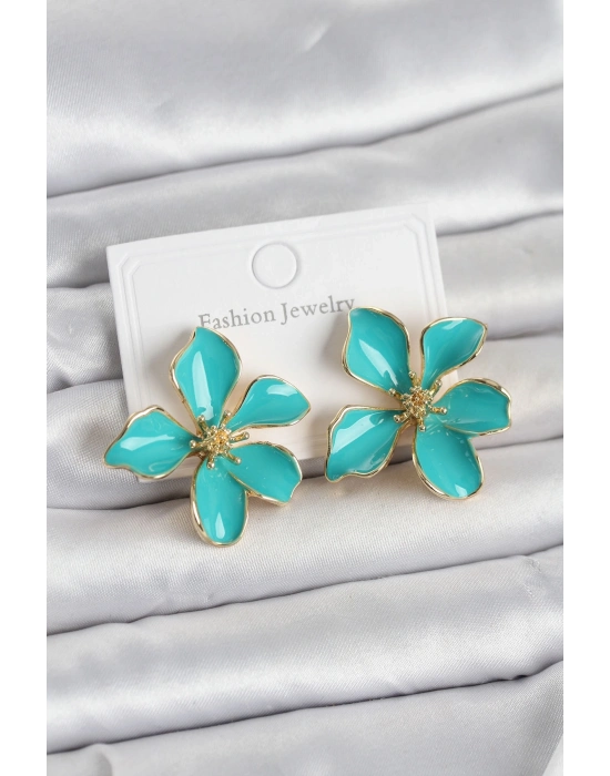 Turkuaz Mineli Çiçek Model Pirinç Kadın Küpe