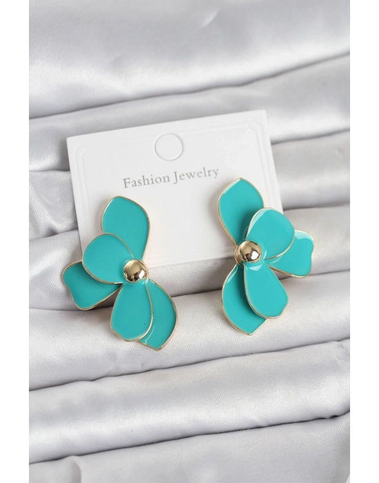 Turkuaz Mineli Lotus Model Pirinç Kadın Küpe