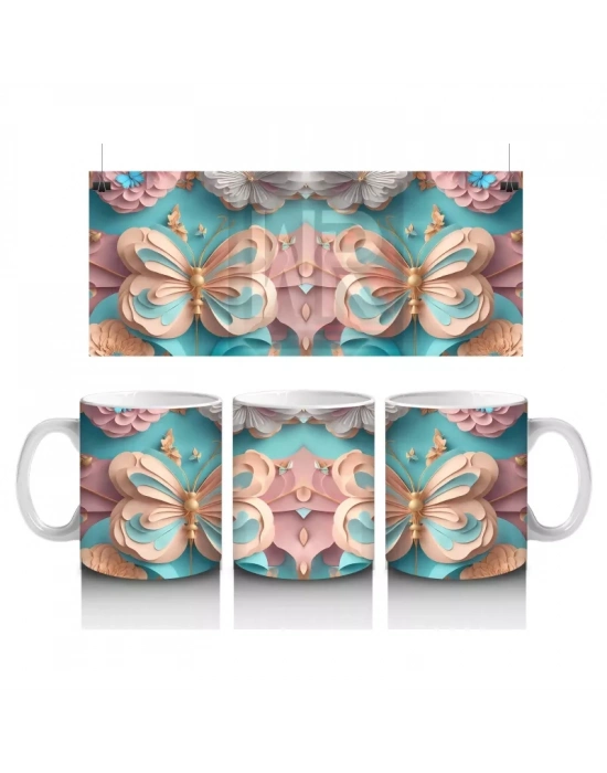 Turkuaz Renkli Simetrik Kelebekler – Baskılı Kahve Kupası