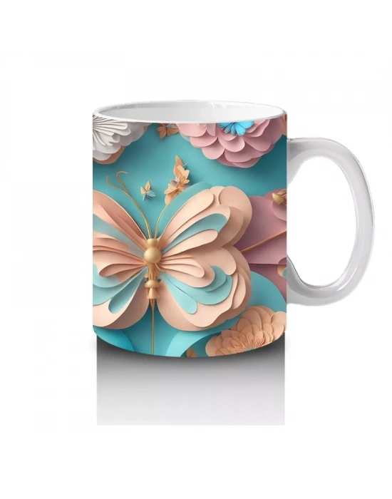 Turkuaz Renkli Simetrik Kelebekler – Baskılı Kahve Kupası