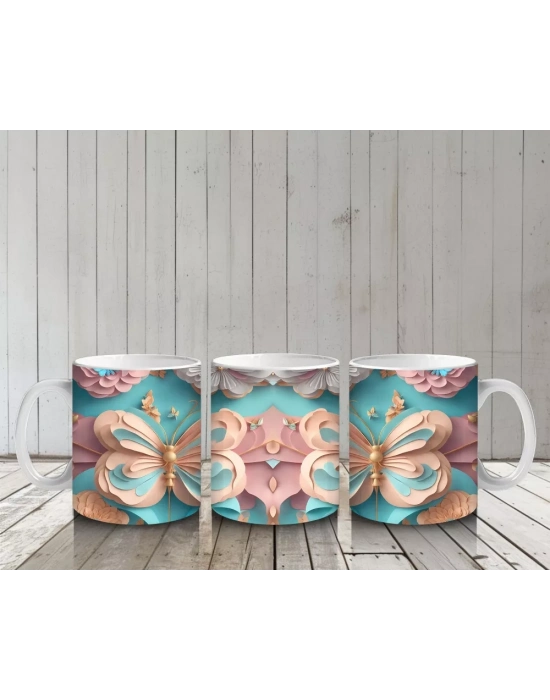 Turkuaz Renkli Simetrik Kelebekler – Baskılı Kahve Kupası