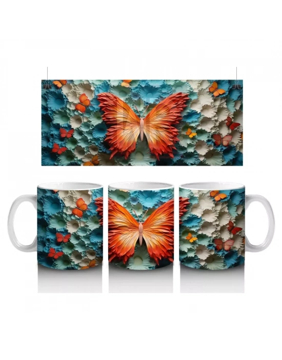 Turkuaz Rölyef Dokulu Zeminde Turuncu Kelebek – Baskılı Kahve Kupası