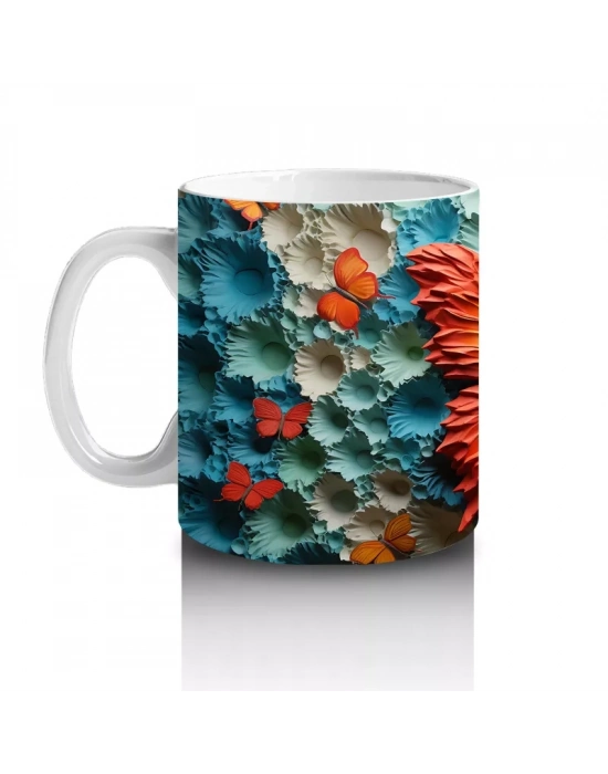 Turkuaz Rölyef Dokulu Zeminde Turuncu Kelebek – Baskılı Kahve Kupası