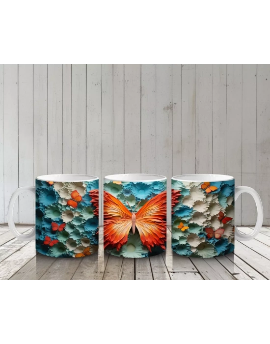 Turkuaz Rölyef Dokulu Zeminde Turuncu Kelebek – Baskılı Kahve Kupası