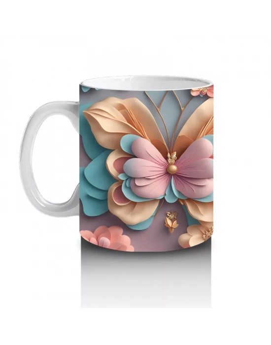 Turkuaz Tonlarda Çiçekli Kelebek İkilisi – Baskılı Kahve Kupası