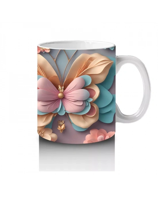 Turkuaz Tonlarda Çiçekli Kelebek İkilisi – Baskılı Kahve Kupası