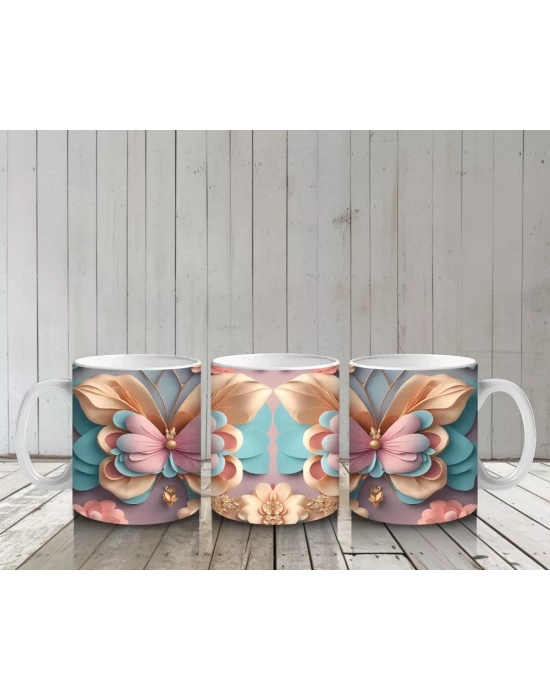 Turkuaz Tonlarda Çiçekli Kelebek İkilisi – Baskılı Kahve Kupası