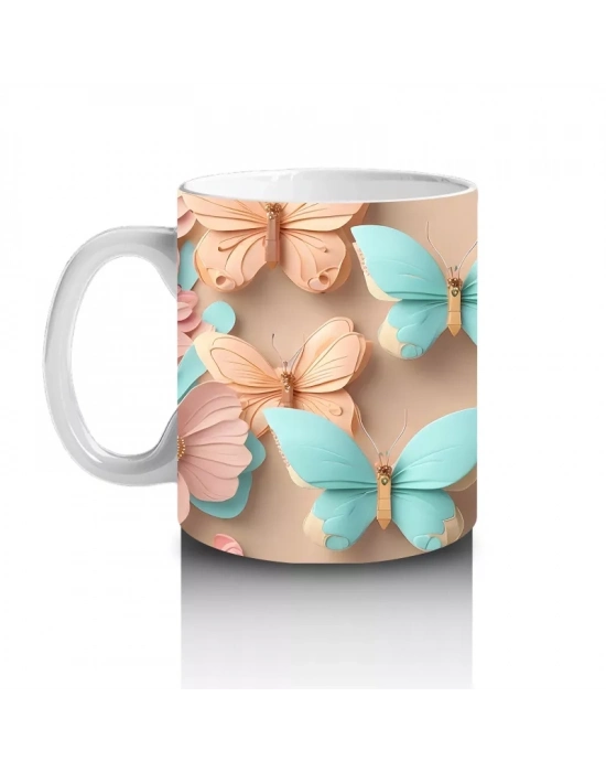 Turkuaz Tonlarda Simetrik Kelebek Deseni – Baskılı Kahve Kupası