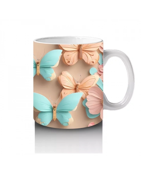 Turkuaz Tonlarda Simetrik Kelebek Deseni – Baskılı Kahve Kupası
