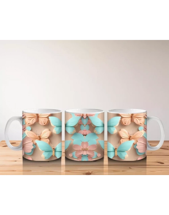 Turkuaz Tonlarda Simetrik Kelebek Deseni – Baskılı Kahve Kupası