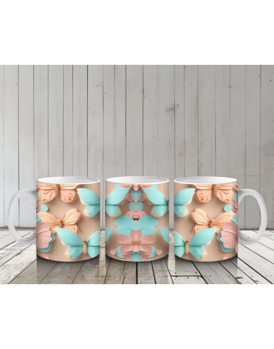 Turkuaz Tonlarda Simetrik Kelebek Deseni – Baskılı Kahve Kupası
