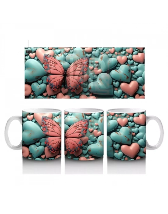 Turkuaz ve Pembe Kalplerle Süslenmiş Kelebek – Baskılı Kahve Kupası