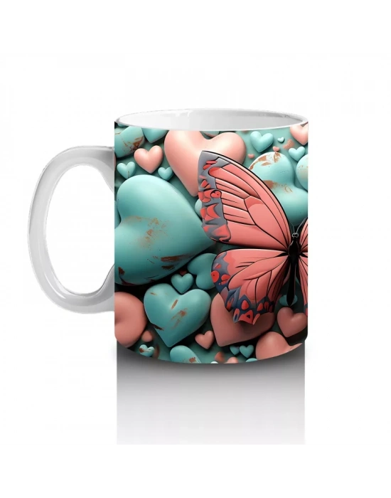 Turkuaz ve Pembe Kalplerle Süslenmiş Kelebek – Baskılı Kahve Kupası