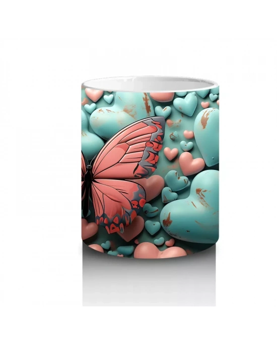 Turkuaz ve Pembe Kalplerle Süslenmiş Kelebek – Baskılı Kahve Kupası