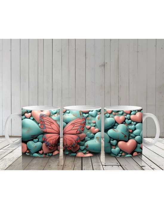 Turkuaz ve Pembe Kalplerle Süslenmiş Kelebek – Baskılı Kahve Kupası