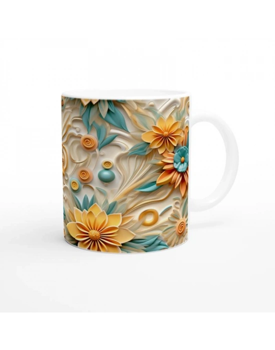 Turkuaz ve Sarı Spiral Çiçekli Kupa Bardak