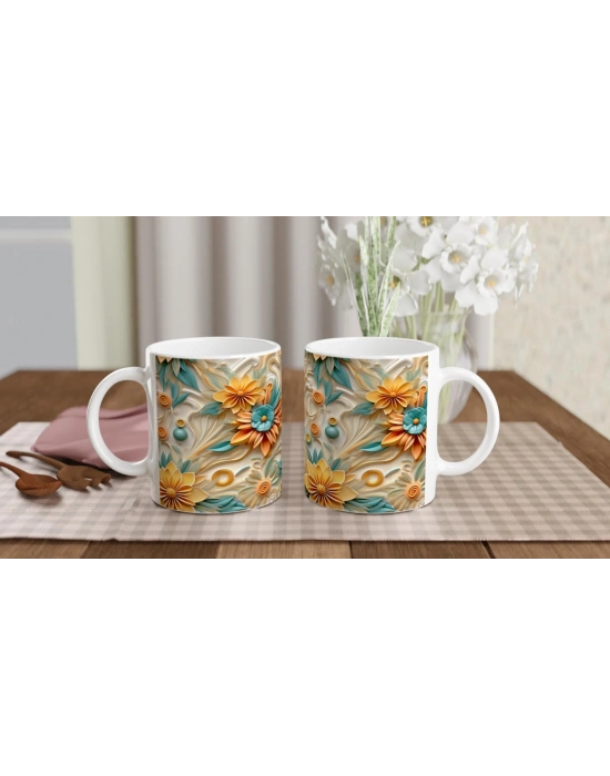 Turkuaz ve Sarı Spiral Çiçekli Kupa Bardak