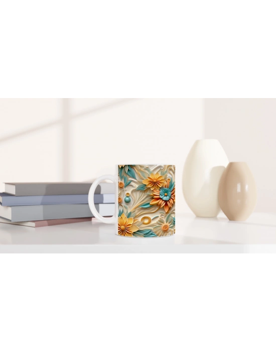 Turkuaz ve Sarı Spiral Çiçekli Kupa Bardak