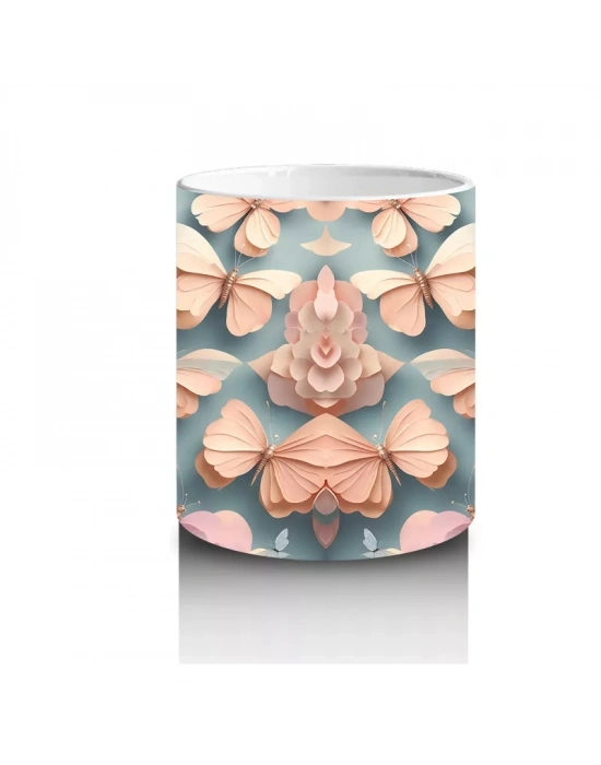 Turkuaz ve Şeftali Tonlarında Rölyef Kelebekler – Baskılı Kahve Kupası