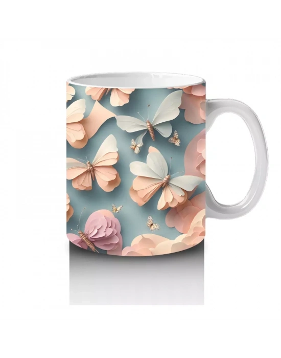 Turkuaz ve Şeftali Tonlarında Rölyef Kelebekler – Baskılı Kahve Kupası